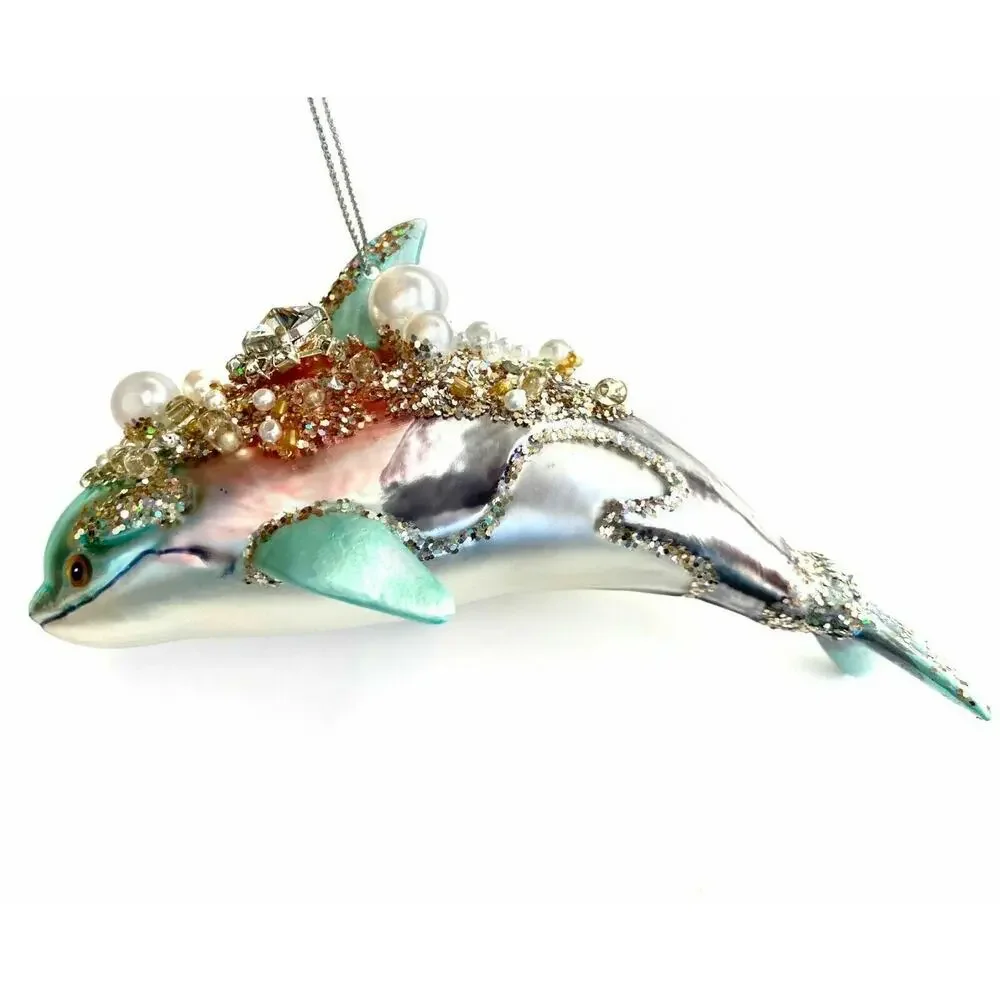 Dolphin Christmas Ornament Blue Glass Nautical Ocean Seaside Jeweled‎